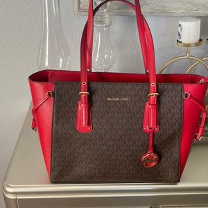 Red and brown Michael Kors tote